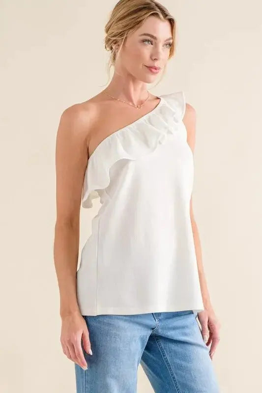 And The Why Ruffle One Shoulder Sleeveless Tank Top - Love Salve